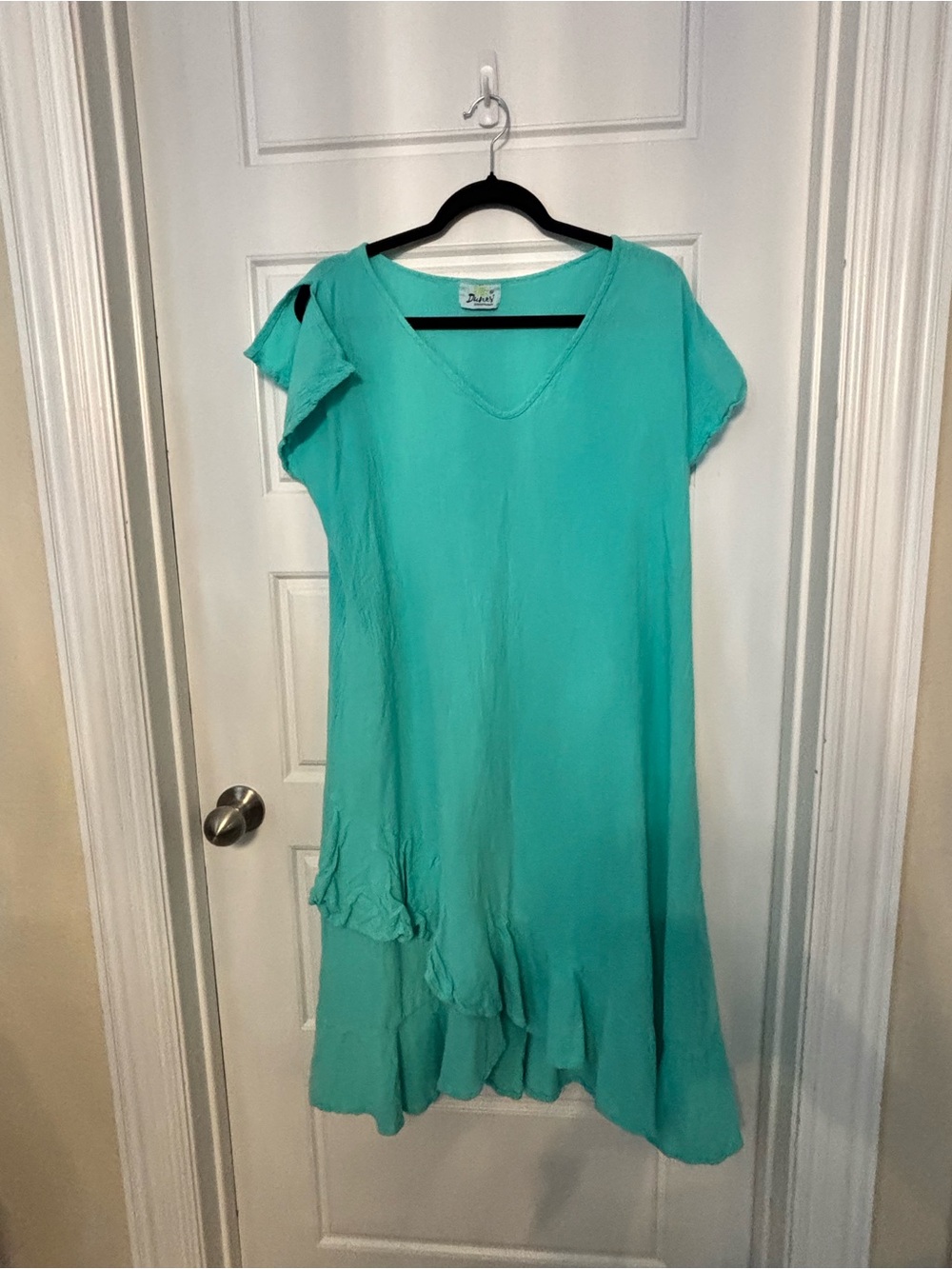 COTTON Lightweight Teal V-Neck Ruffle Hem Dress by Dines size XL